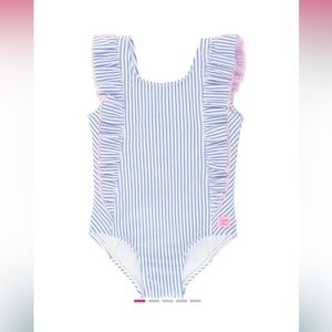 Ruffle Butts Girl’s Waterfall One Piece in Periwinkle Blue Seersucker